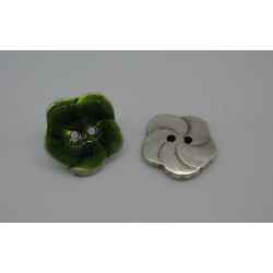 Bouton fleur base véritable argent émaillé vert 20mm