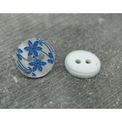 Bouton 2 fleurs blanc nacré bleu 13mm