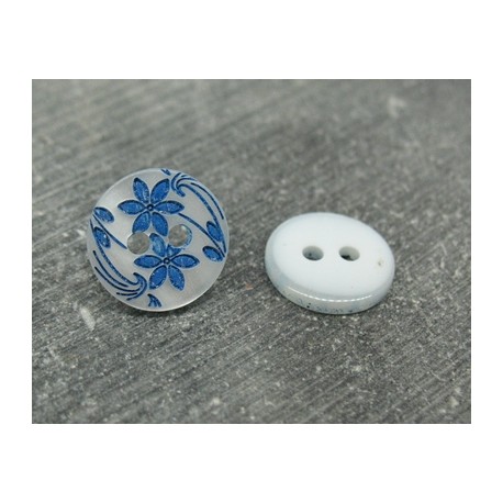 Bouton 2 fleurs blanc nacré bleu 13mm