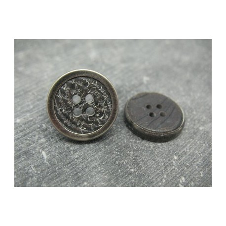 Bouton résine noir cercle métal argent antique 20mm