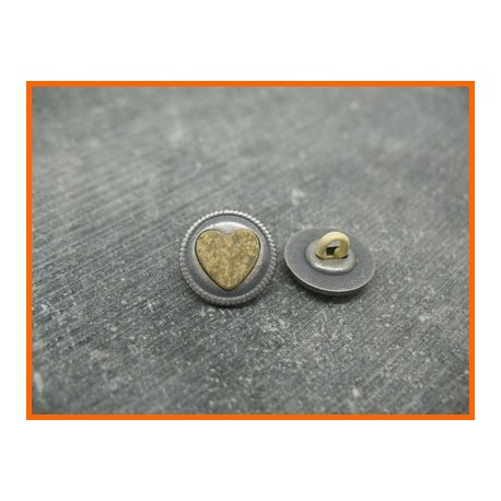 Bouton métal étain coeur résine beige 13mm